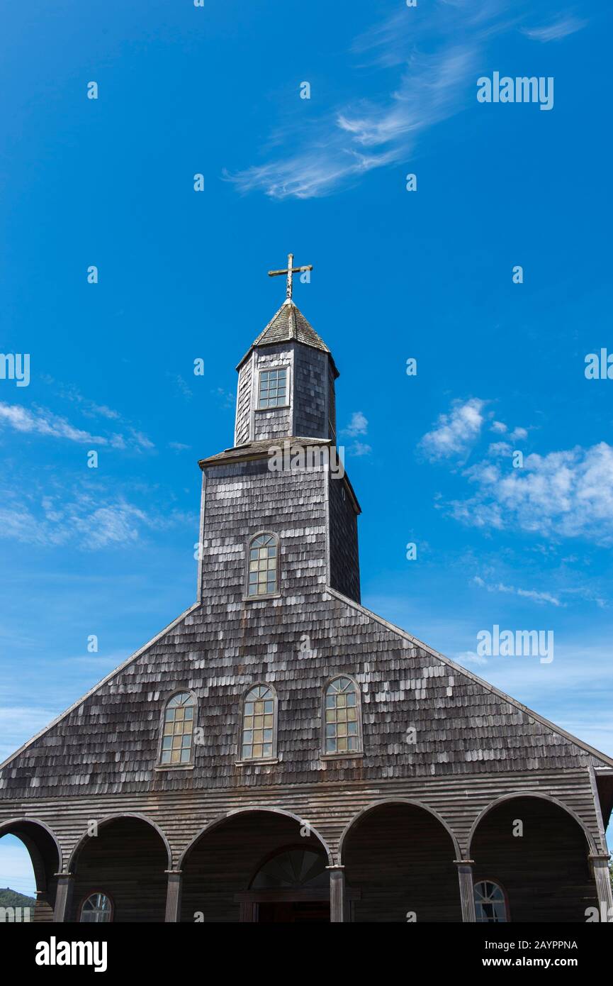 The wooden Church of Santa María de Loreto de Achao (built in 1730), a UNESCO World Heritage Site on the island of Quinchao, Chiloe Island in southern Stock Photo