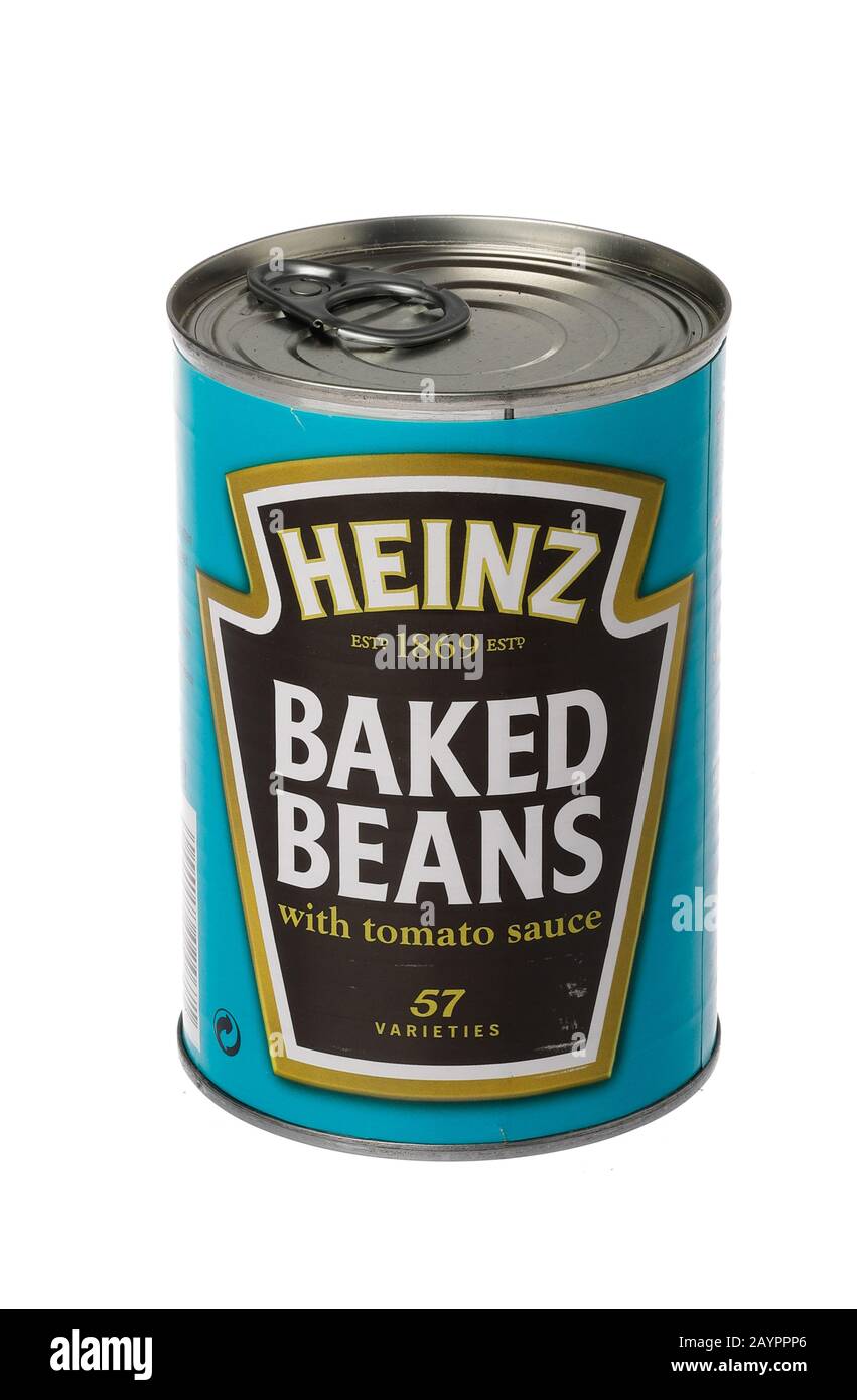 Stockholm, Sweden - February 16, 2020: One tin can of Heinz baked beans with tomato sauce isolated on white background. Stock Photo