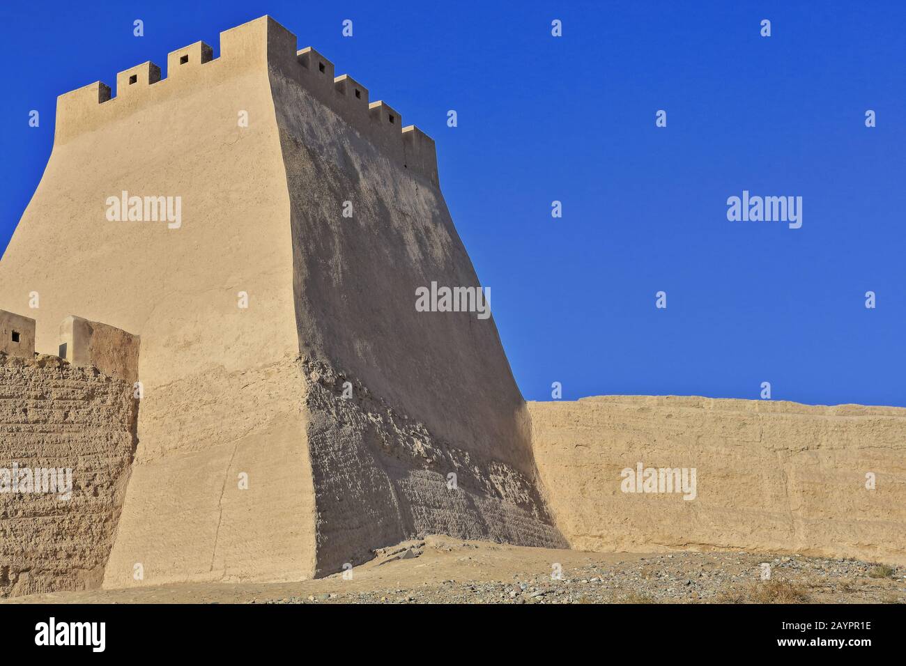 Rammed earth watchtower-brick ramparts of Jiayu Pass fortress. Jiayuguan City-Gansu-China-0724 Stock Photo