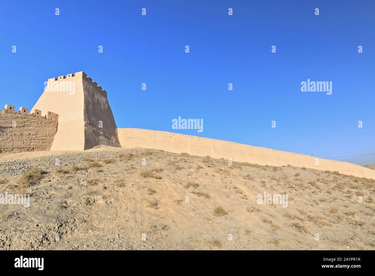 Rammed earth watchtower-brick ramparts of Jiayu Pass fortress. Jiayuguan City-Gansu-China-0725 Stock Photo