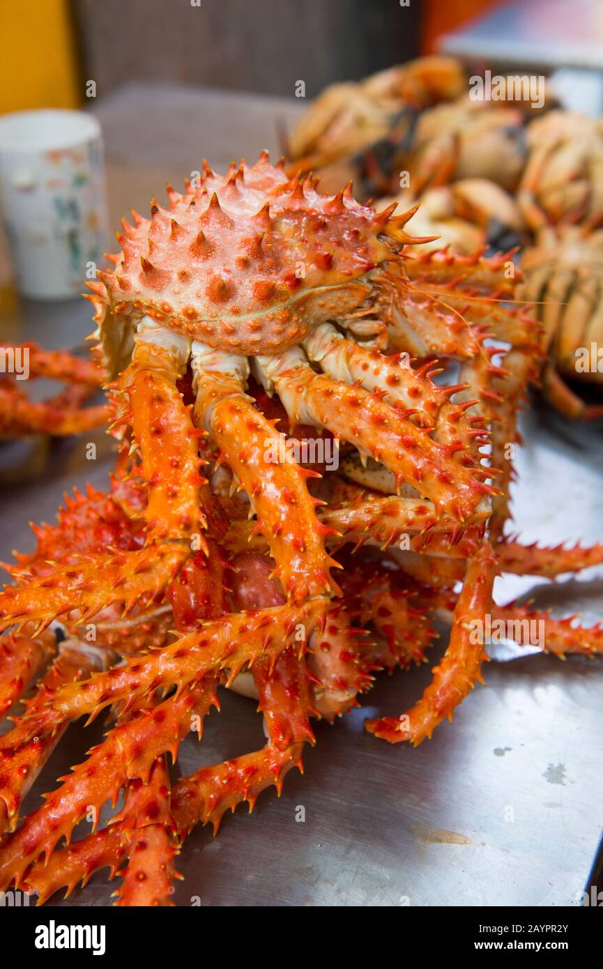 Closeup of king crabs in the market hall in Angelmo, Puerto Montt in