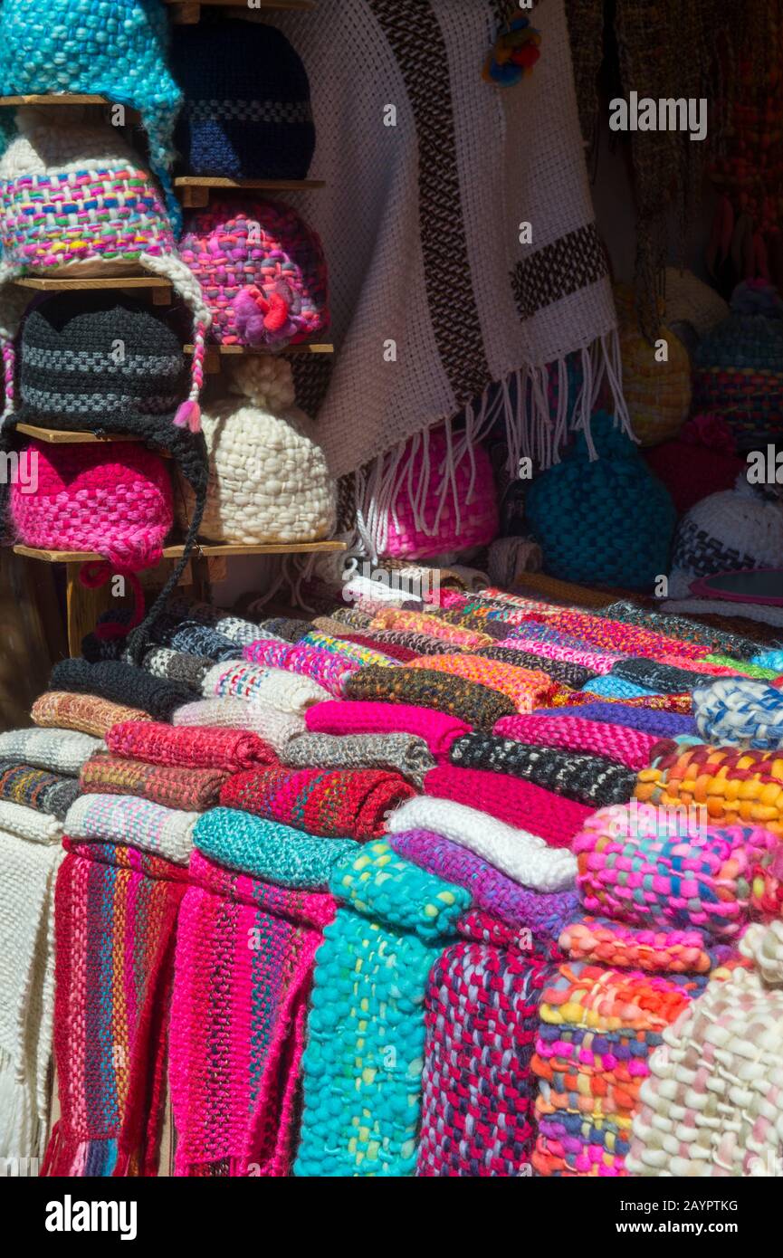 Colorful woolens for sale on the artesian market in El Calafate, Argentina. Stock Photo