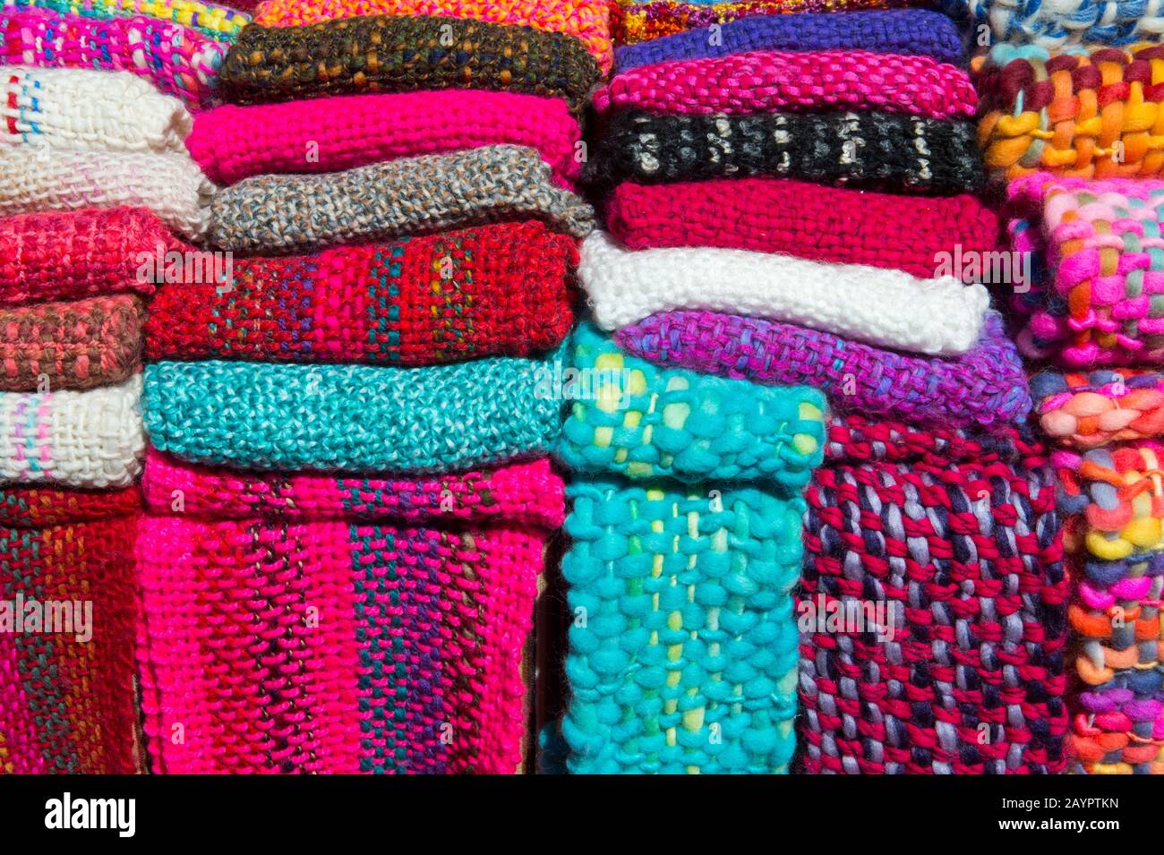 Colorful woolens for sale on the artesian market in El Calafate, Argentina. Stock Photo