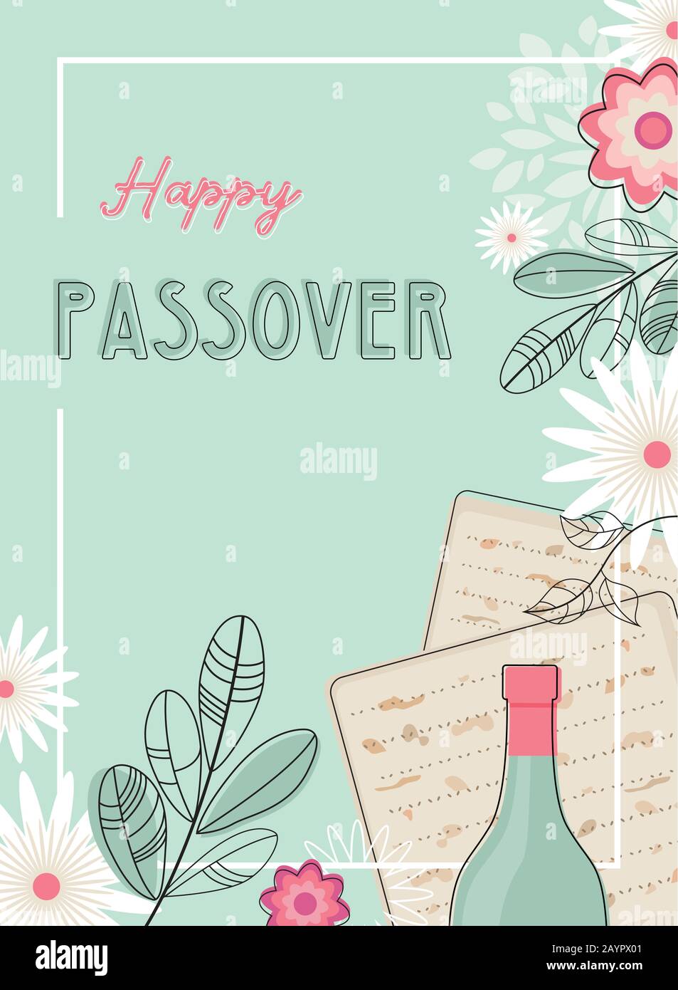 happy passover greeting card or seder invitation with spring flowers. Jewish holiday. Stock Vector