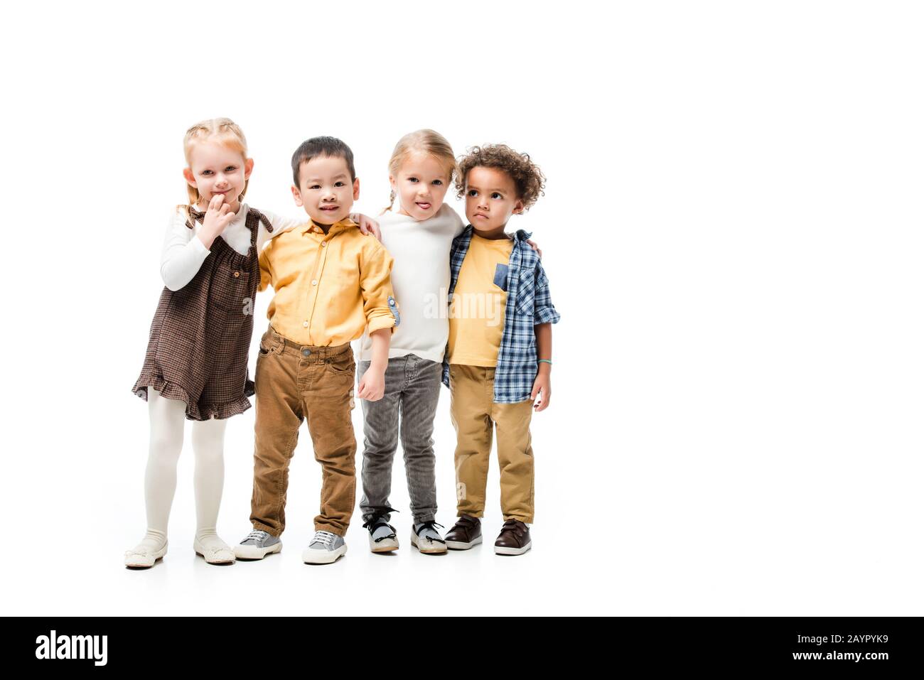 adorable multicultural kids hugging isolated on white Stock Photo