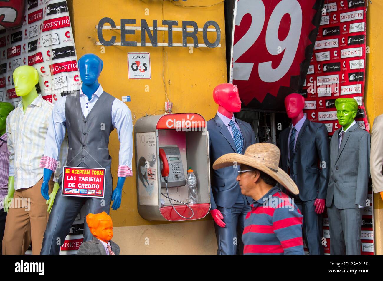 Colorful street scene at a clothing store in the city of Quito, Ecuador