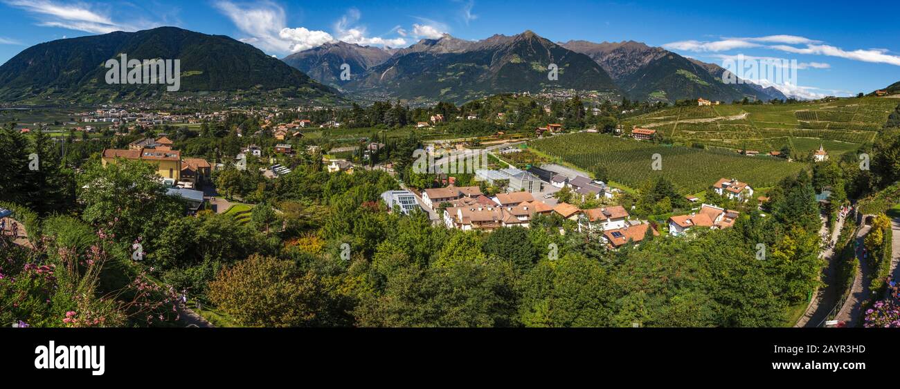 panorama view onto Meran with Texel group, Italy, South Tyrol Stock Photo