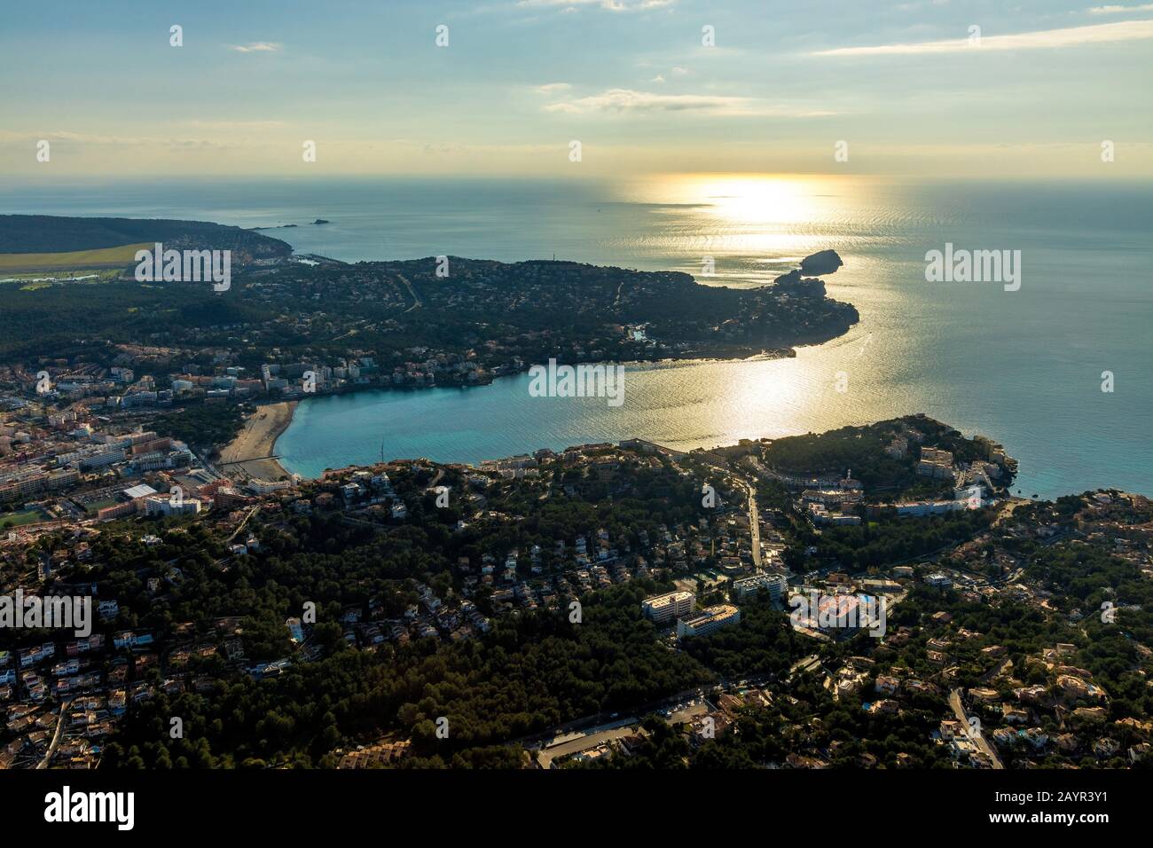 playa Santa Ponsa in backlight, 04.01.2020, aerial view, Spain, Balearic Islands, Majorca, Calvia Stock Photo