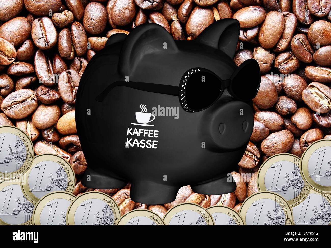 black piggy bank with sun glasses with the lettering Kaffeekasse, kitty, coffee beans and coins in background, composing Stock Photo