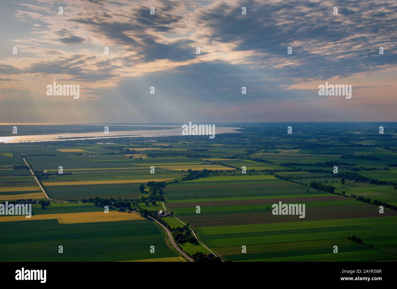 Elbe and cultural landscape of the Elbe marshland, aerial view, Germany, Schleswig-Holstein Stock Photo