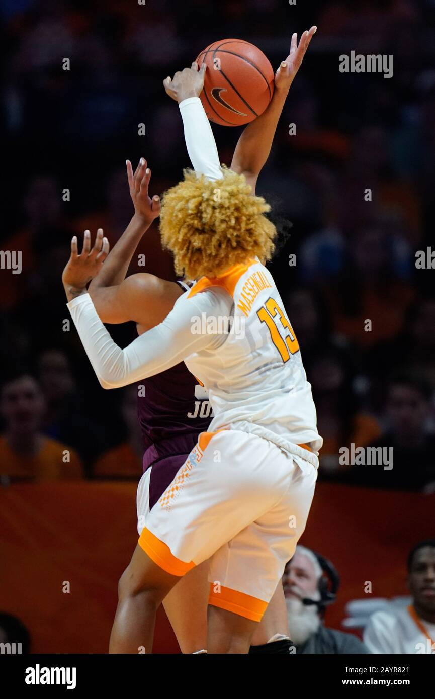 Knoxville, Tennessee, USA. February 16, 2020: Jazmine Massengill #13 of the Tennessee Lady Vols blocks the shot attempt by N'dea Jones #31 of the Texas A&M Aggies during the NCAA basketball game between the University of Tennessee Lady Volunteers and the Texas A&M University Aggies at Thompson Boling Arena in Knoxville TN Tim Gangloff/CSM Credit: Cal Sport Media/Alamy Live News Stock Photo