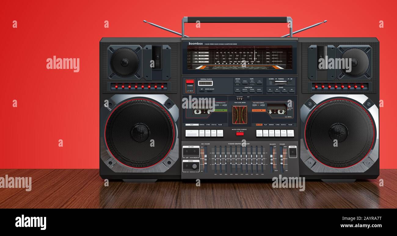 Boombox on wooden background. 3D rendering Stock Photo