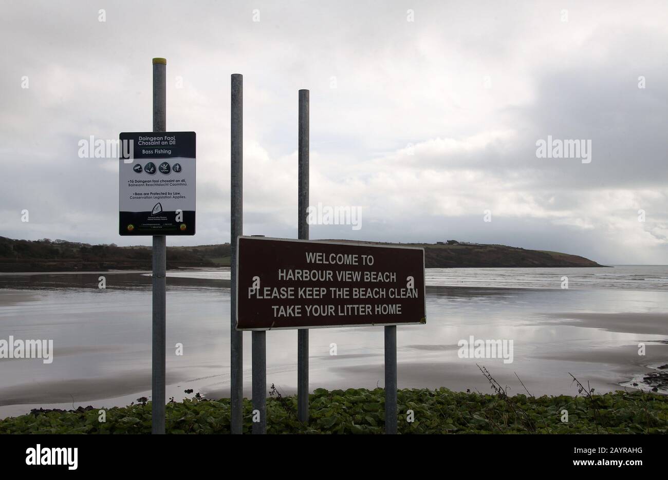 Bass fishing sign at Harbour View Beach in Southern Ireland Stock Photo