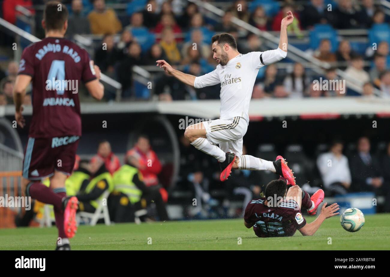 Madrid, Spain. 16th Feb, 2020. Madrid, Spain; 016/02/2020.- Real Madrid vs Celta Soccer to La Liga Spain match 24 held at the Santiago Bernabeu stadium, in Madrid. Carvajal (L) Real de Madrid player and L. Olaza Celta player. Final score 2-2. Credit: Juan Carlos Rojas/Picture Alliance | usage worldwide/dpa/Alamy Live News Stock Photo