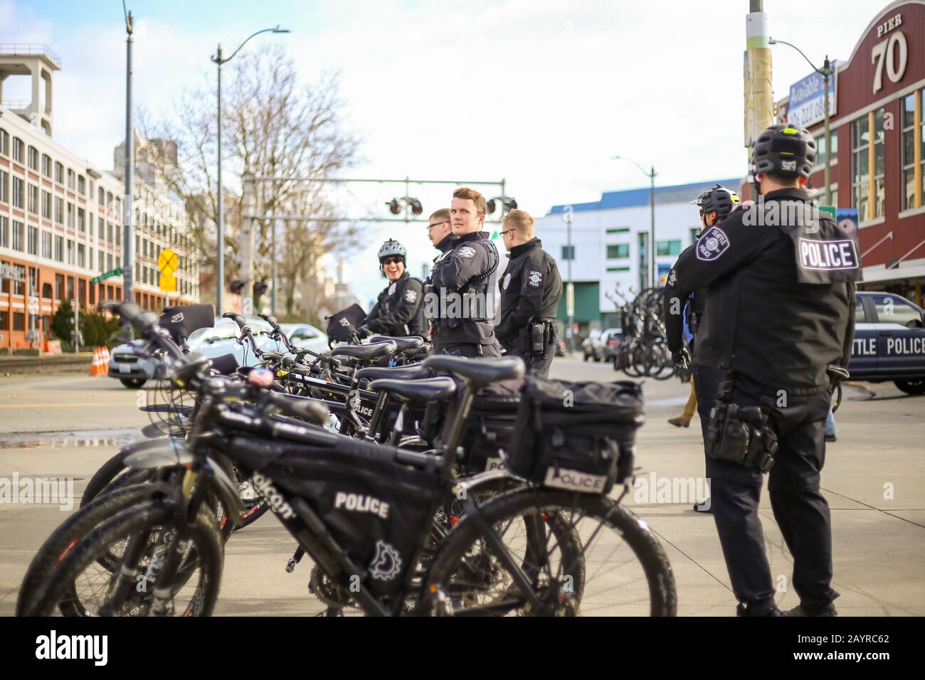 SEATTLE - FEBRUARY 16: Seattle Police gathered to control protesters that were blocking rail traffic through Seattle. Stock Photo