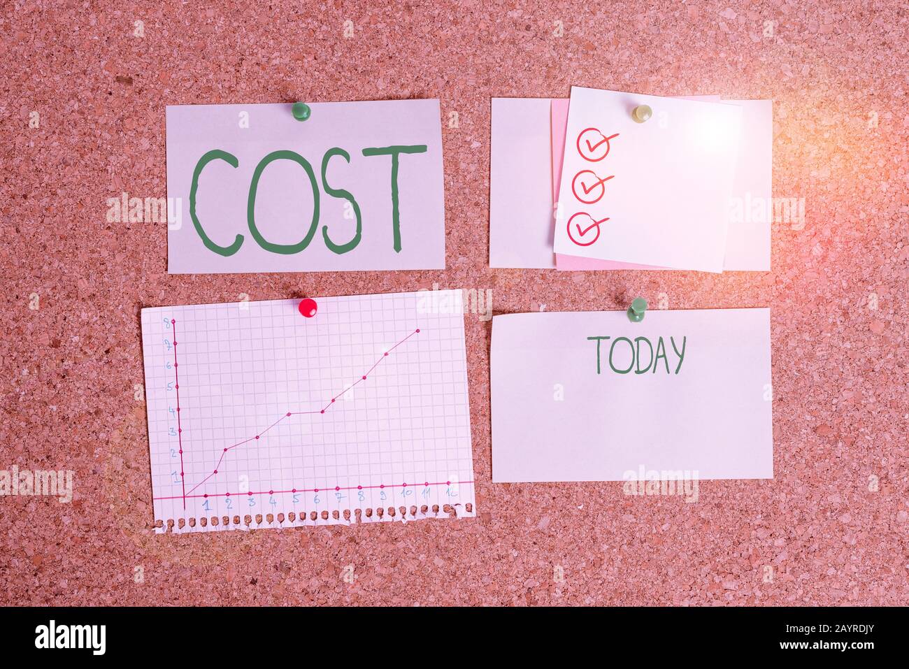 Handwriting text Cost. Conceptual photo The amount that usualy paid for a item you buy or hiring a demonstrating Corkboard color size paper pin thumbt Stock Photo