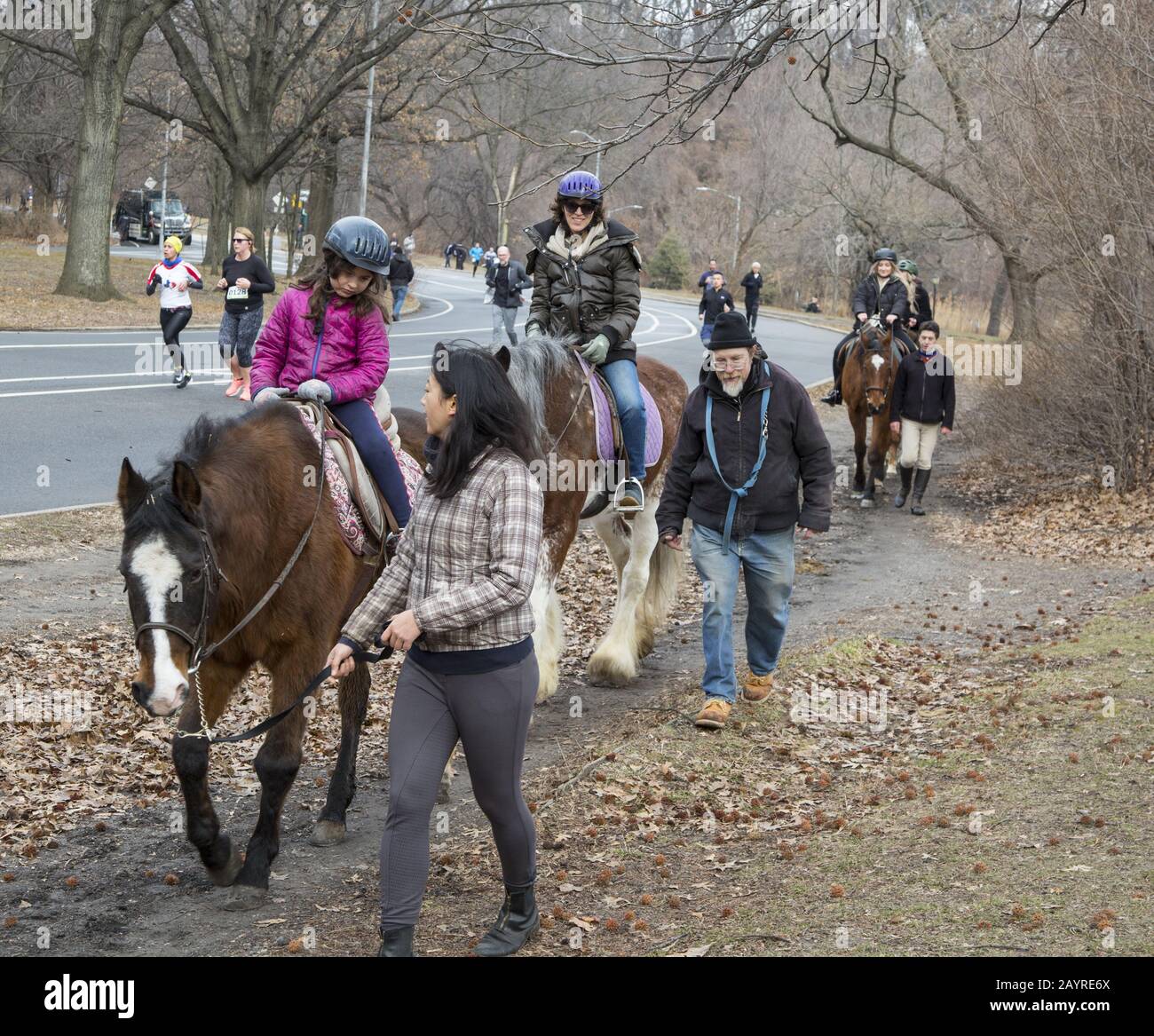 Horseback riders being led on a winter ride in Prospect Park, Brooklyn, New York. Stock Photo