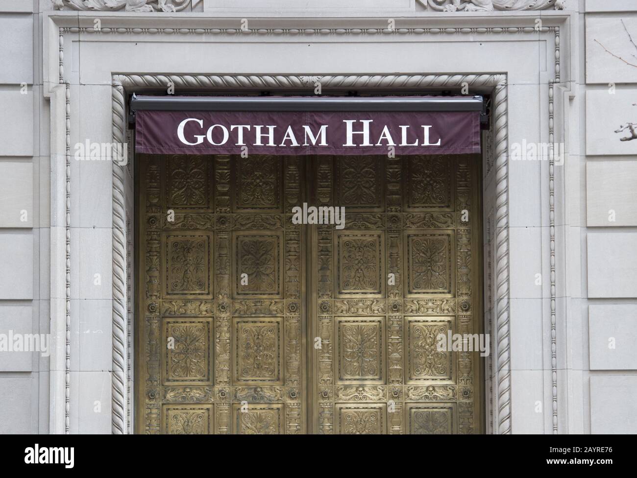 Gotham Hall named after the fictional city of that name. It was best known as the home of the superhero, Batman, and his allies and foes. NY City Stock Photo