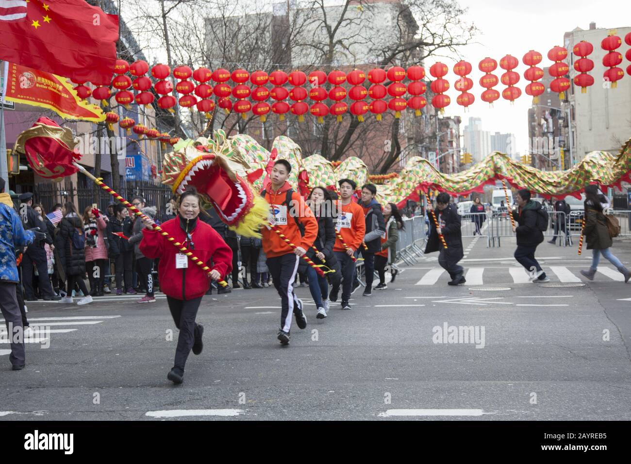 The Chinese New Year Parade welcomed in the Year of the Rat in 2020 down East Broadway and up Eldridge Street in Chinatown in New York City. Stock Photo