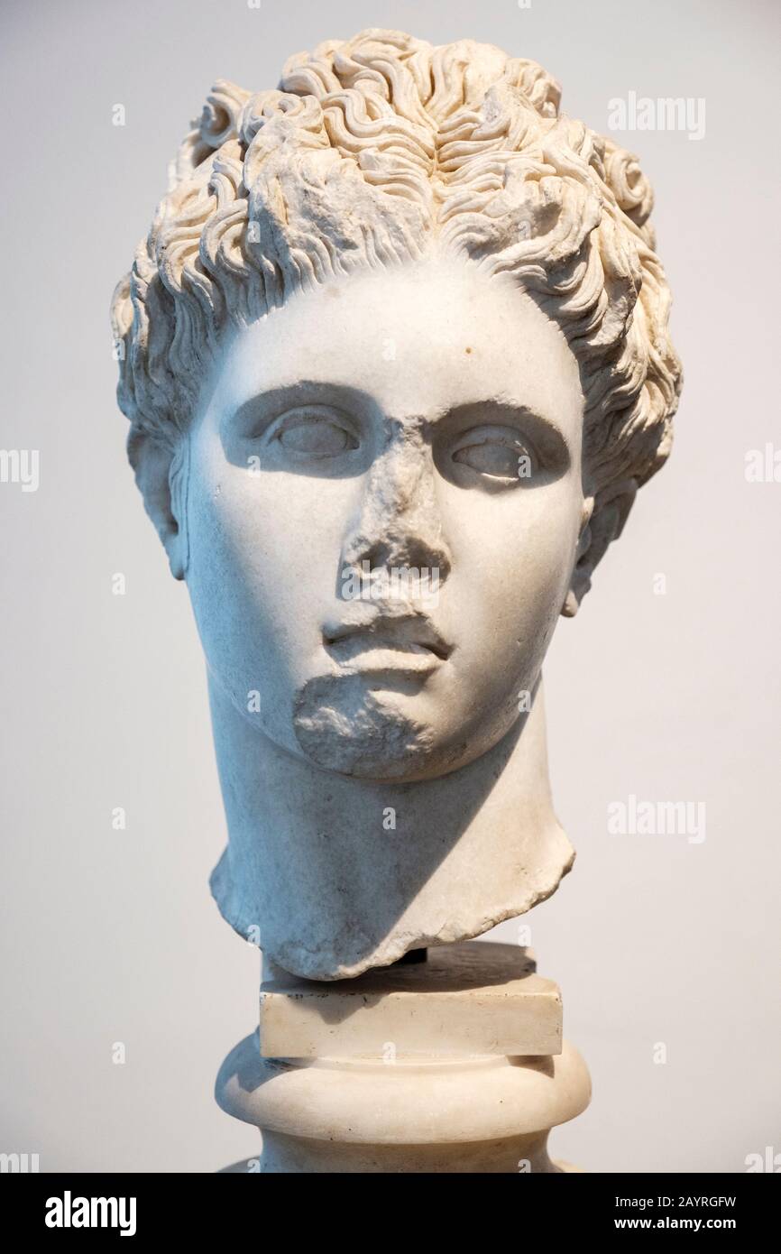 Marble bust of god Apollo, Palatine Museum, Museo Palatino, Head of Apollo of Anzio Type, Roman and Greek mythology, Rome, Italy Stock Photo