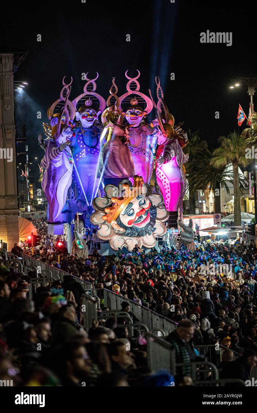the floats of the Viareggio 2020 carnival parade along the seafront