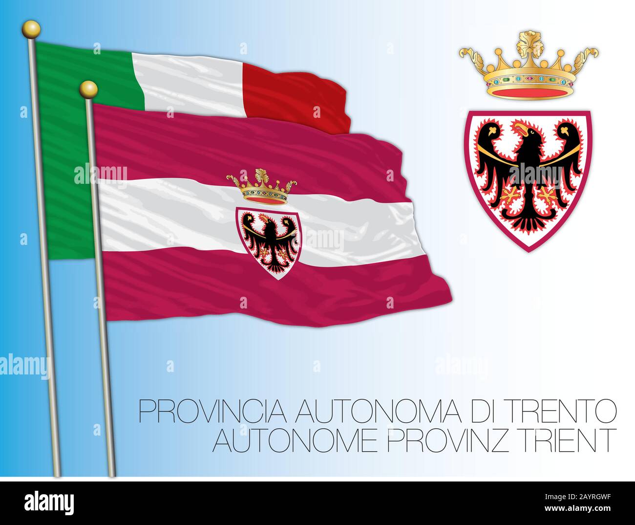 Trentino, officially the Autonomous Province of Trento flag and coat of arms, Italy, vector illustration Stock Vector