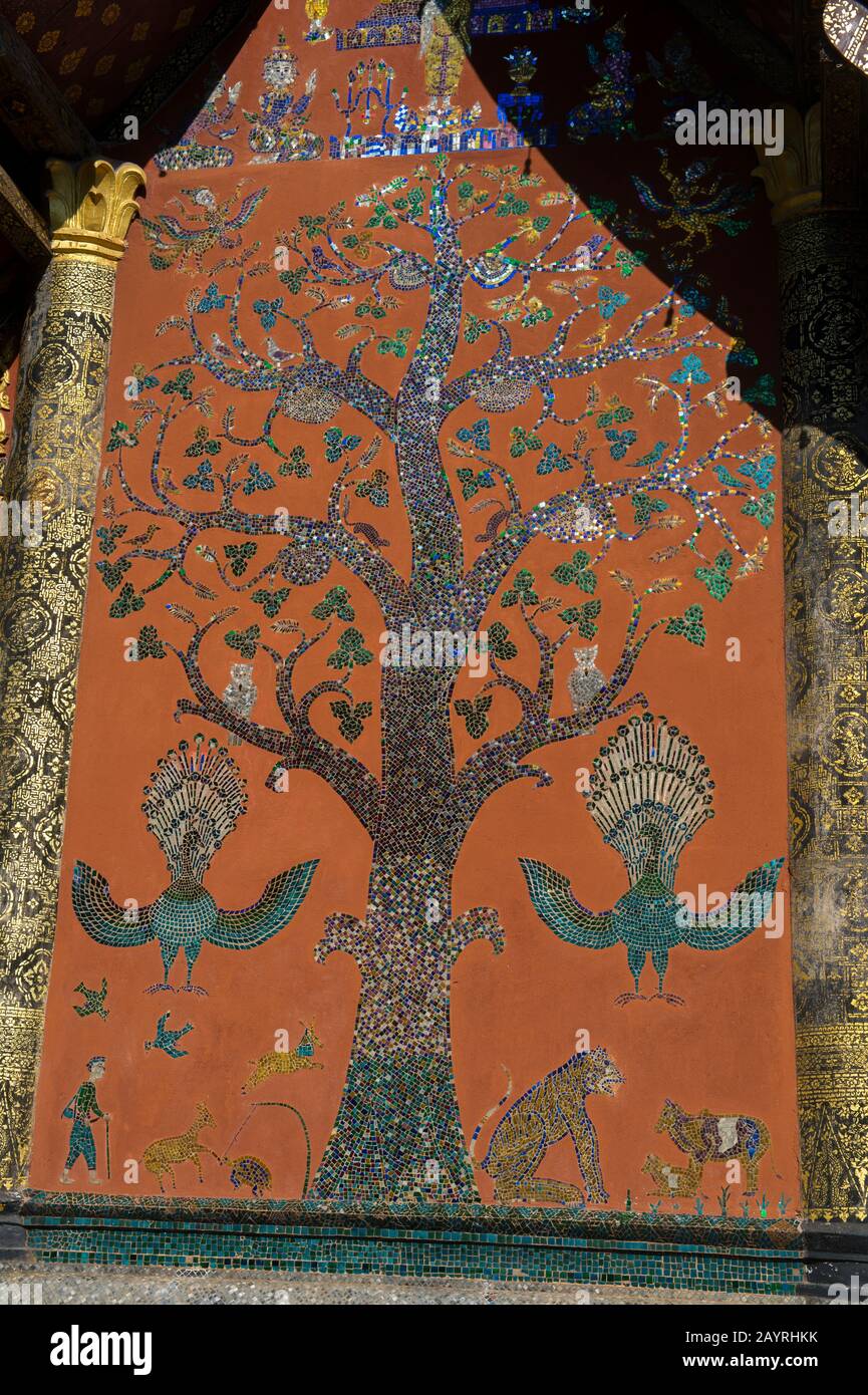 Xieng Tree Tree of Life mosaic on the sims back wall of Wat Xieng Thong in the ...
