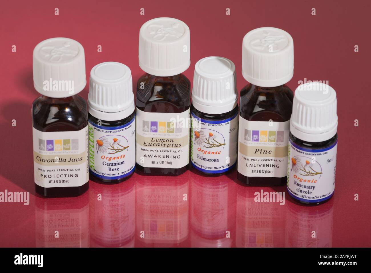Grouping of six different varieties of plant oils (Citronella Java, Geranium Rose, Lemon Eucalyptus, Palmarosa, Pine, Rosemary cineole). Stock Photo