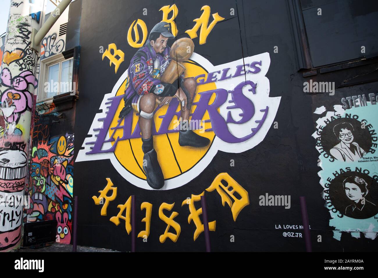 Born and Raised graffiti of Kobe Bryant on Melrose ave, LA Stock Photo