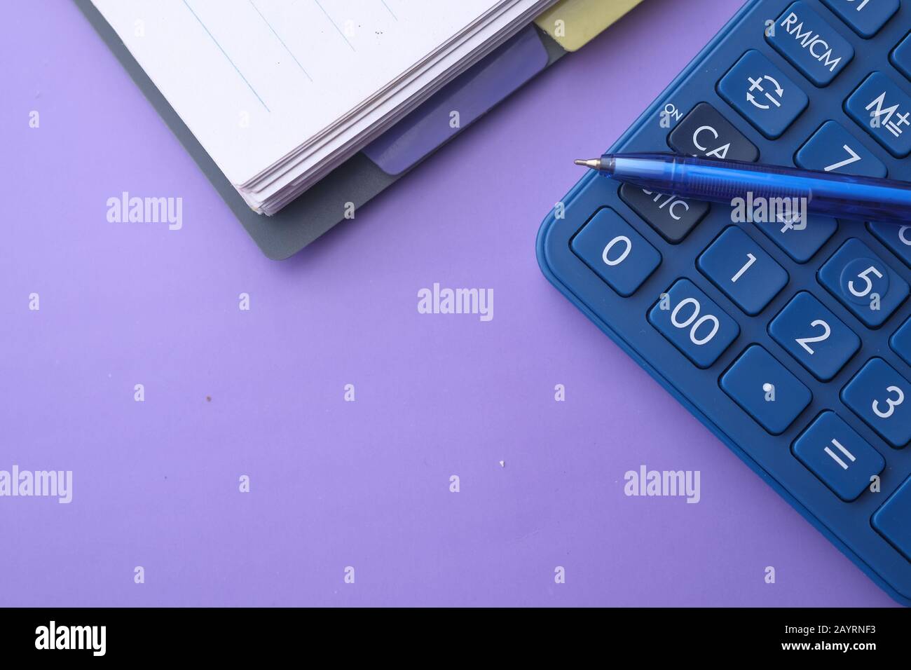 top view of pen, calculator and notepad  Stock Photo