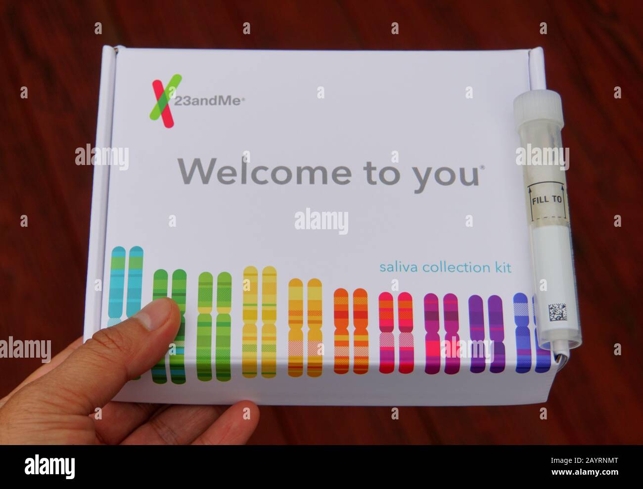 Wilmington, Delaware, U.S.A - March 10, 2019 - Saliva collection kits by 23andMe for ancestry testing and family tree discovery Stock Photo