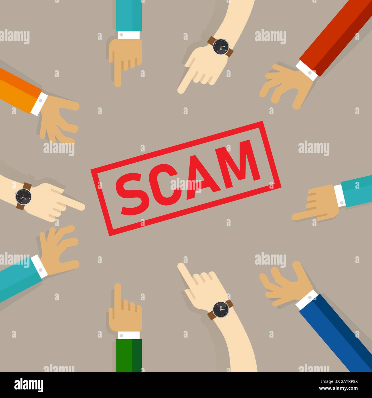 Scam alert hand pointing together to the text alert Stock Vector