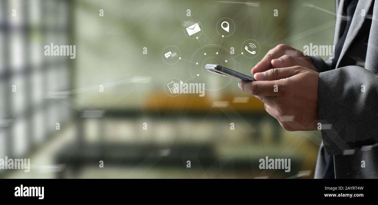 nternet online communication interface , technology concept Man using smartphone Stock Photo