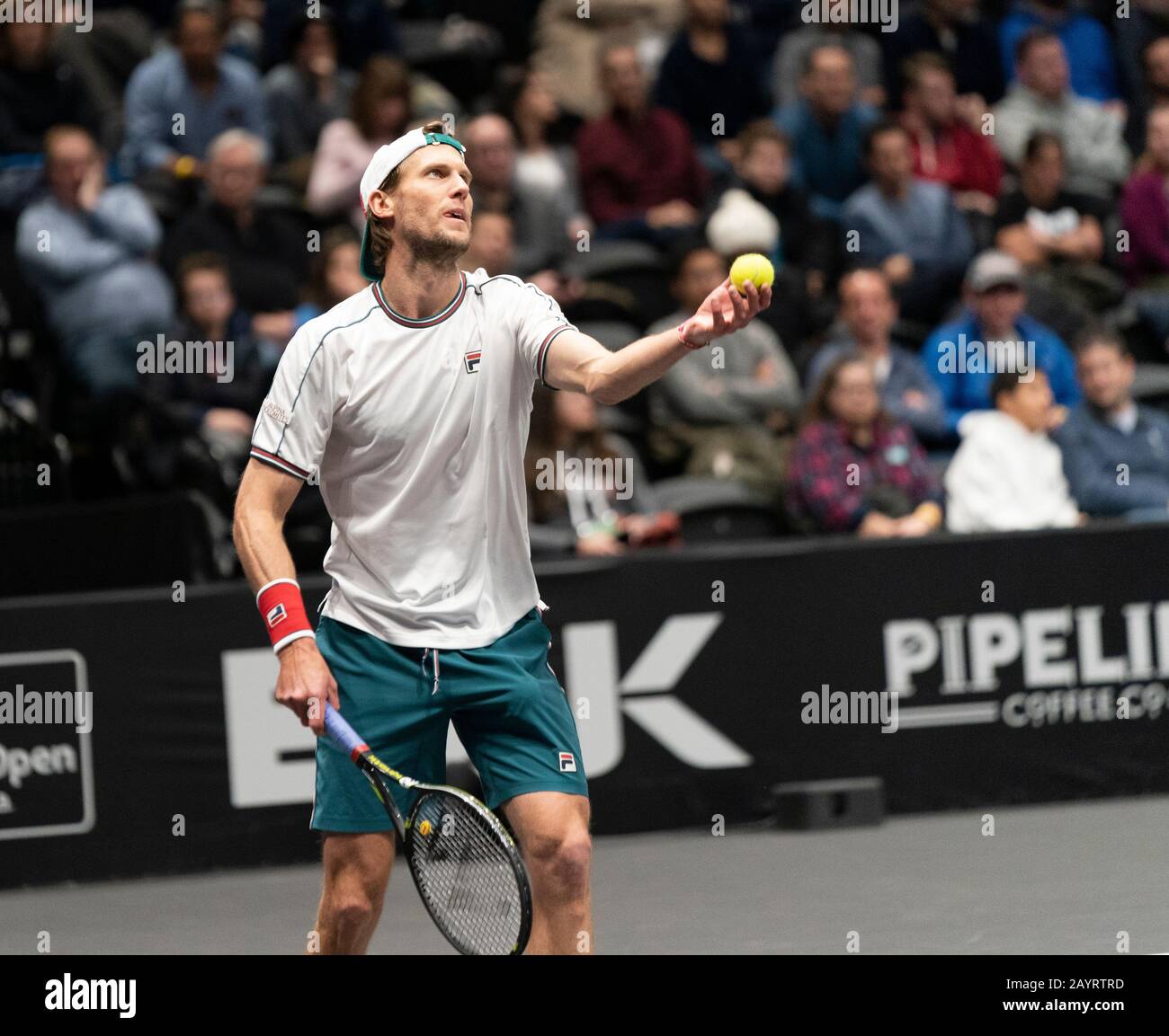 Hempstead, NY - February 16, 2020: Andreas Seppi of Italy serves during final against Kyle Edmund of Great Britain at ATP 250 New York Open 2020 tennis tournament at Nassau Coliseum, Edmund won Stock Photo