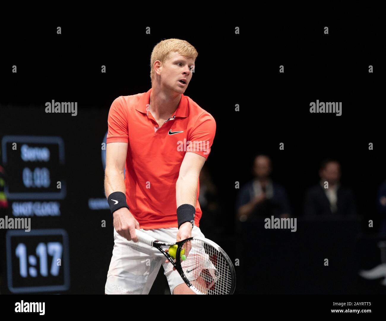 Hempstead, NY - February 16, 2020: Kyle Edmund of Great Britain serves during final against Andreas Seppi of Italy at ATP 250 New York Open 2020 tennis tournament at Nassau Coliseum, Edmund won Stock Photo