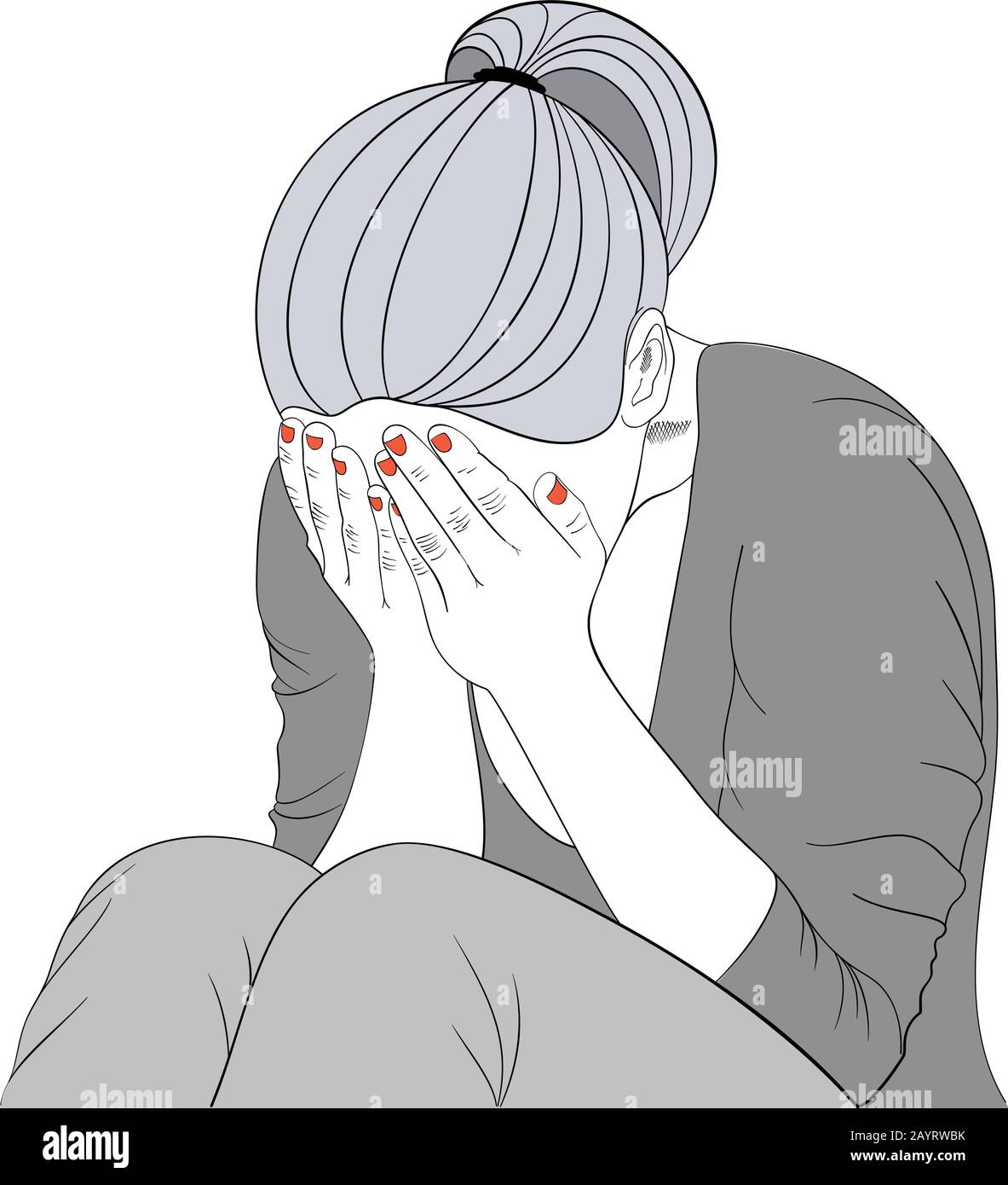 Young woman sitting and covering her face with hands in despair - line art illustration Stock Vector