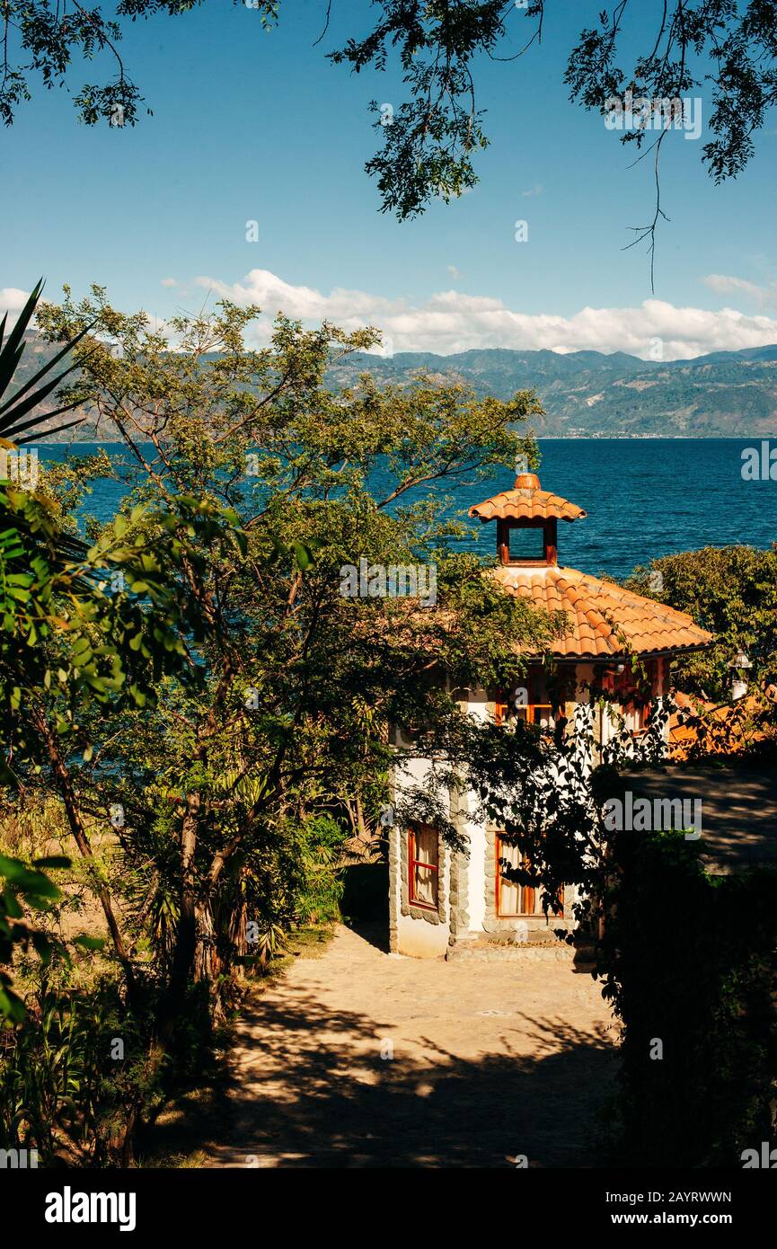 white house view of Laguna on Lake Atitlan Stock Photo
