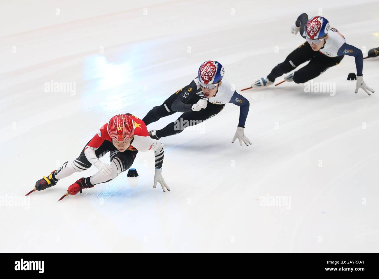 Dordrecht, Netherlands. 16th Feb, 2020. An Kai (L) of China, Park Ji Won (C) and Kim Dong Wook of South Korea compete during the Final A of the Men 1000 meter race (2) at the 2019-2020 ISU World Cup Short Track in Dordrecht, the Netherlands, Feb. 16, 2020. Credit: Zheng Huansong/Xinhua/Alamy Live News Stock Photo