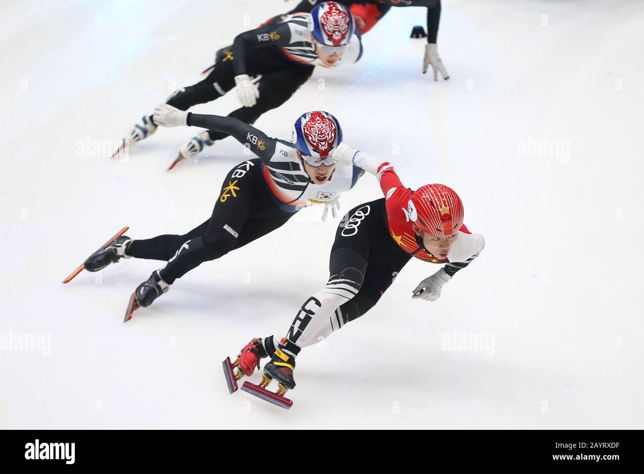 Dordrecht, Netherlands. 16th Feb, 2020. An Kai (R) of China, along with Park Ji Won (C) and Kim Dong Wook of South Korea, competes during the Final A of the Men 1000 meter race (2) at the 2019-2020 ISU World Cup Short Track in Dordrecht, the Netherlands, Feb. 16, 2020. Credit: Zheng Huansong/Xinhua/Alamy Live News Stock Photo