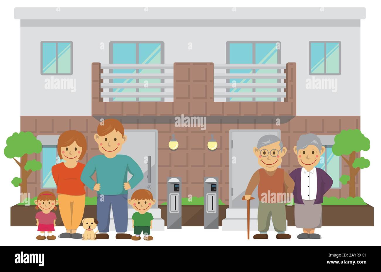 two families home / duplex home. 3 generation family illustration. Stock Vector