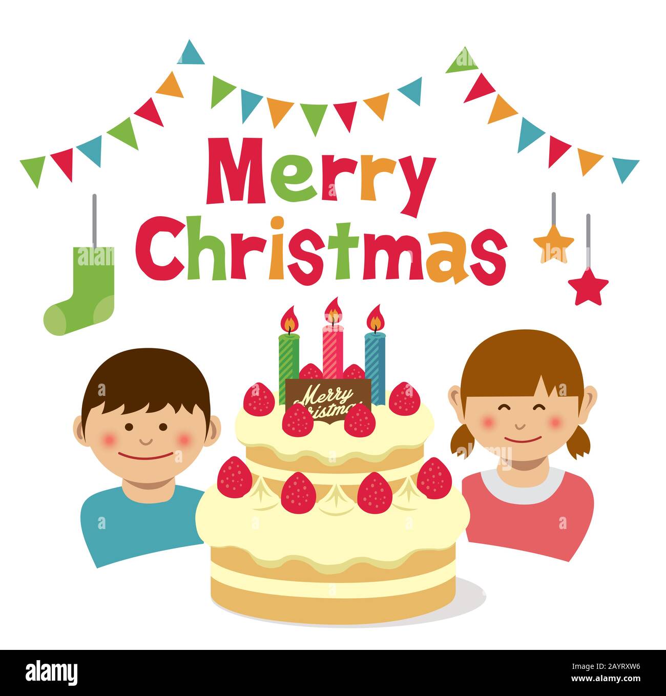 Merry christmas.Birthday cake and kids illustration. Stock Vector