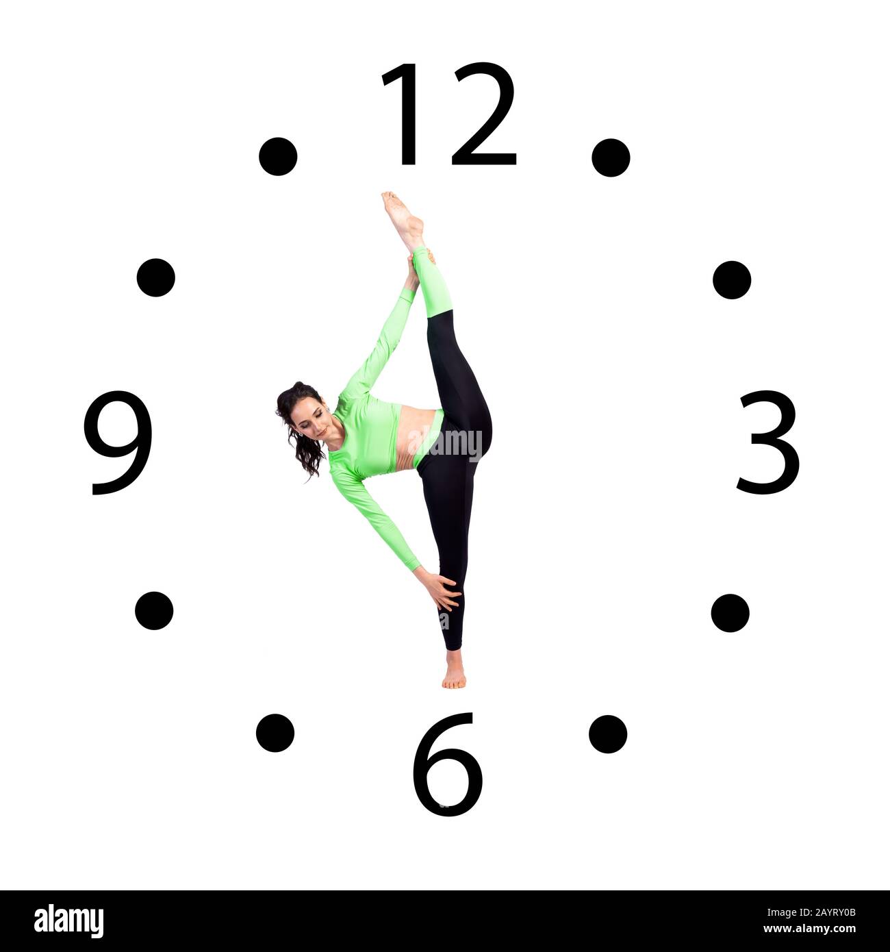Unusual illustration of a clock a young pretty athletic girl shows