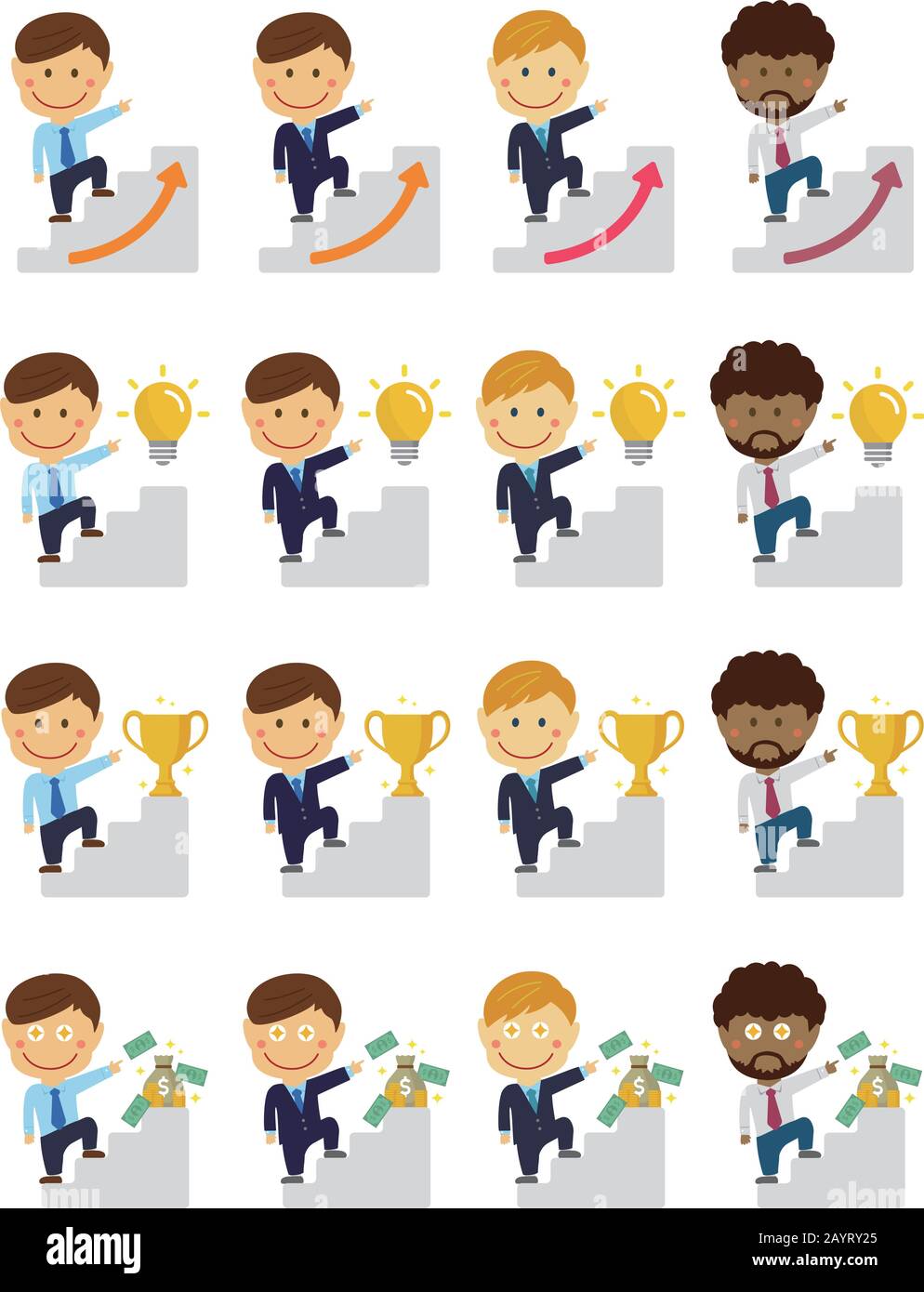 deformed cartoon businessman illustrations set of going up the stairs aiming at success, career up, innovation, money etc. Stock Vector