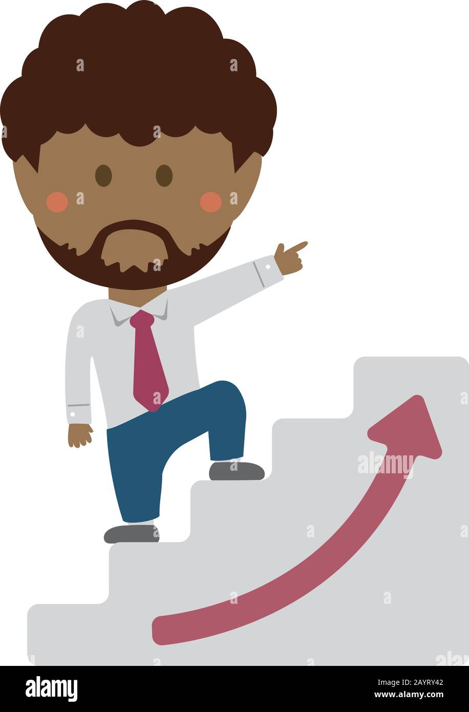 deformed cartoon businessman illustration of going up the stairs aiming at success and career up (black businessman) Stock Vector