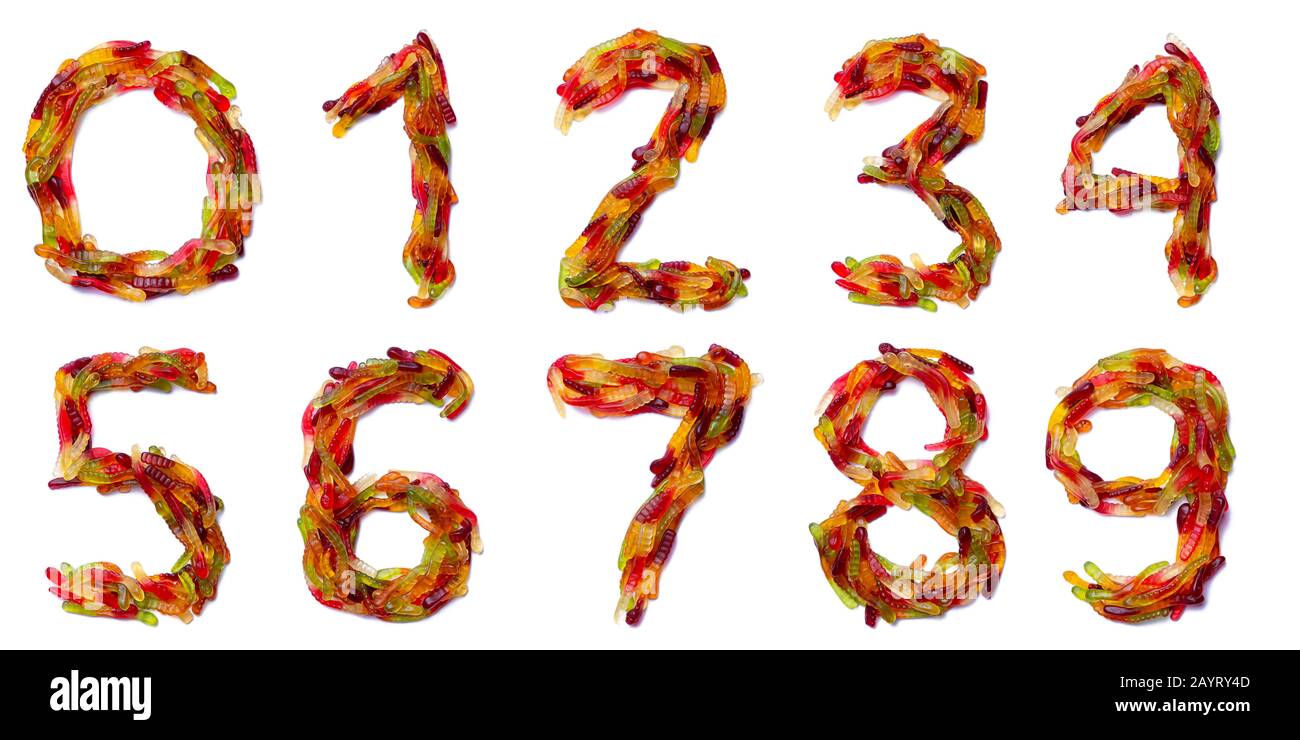 Arabic numerals from multicolored chewing marmalade on a white isolated background. Food