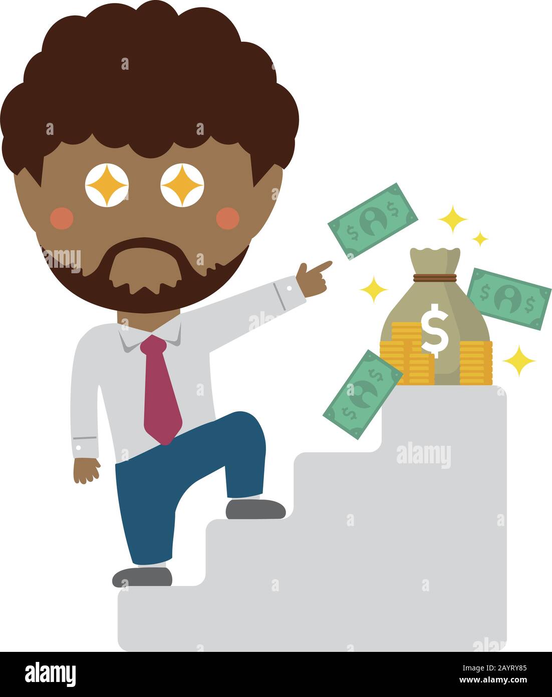 deformed cartoon businessman illustration of going up the stairs aiming to get money ( black businessman) Stock Vector