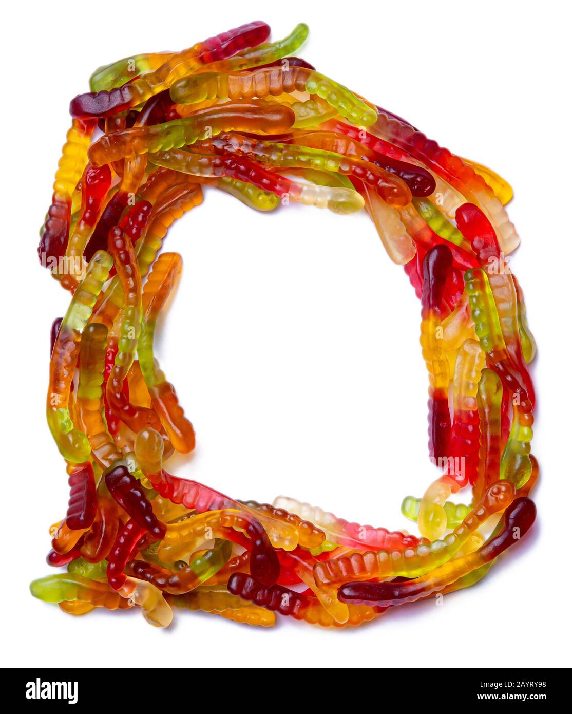 Letter D of the English alphabet from multicolored chewing marmalade