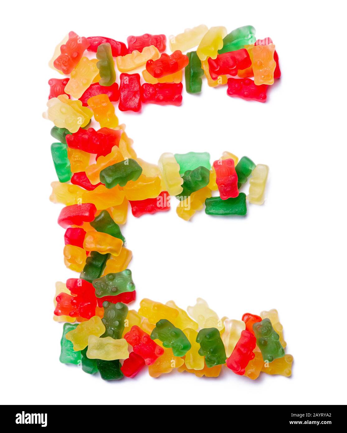 Letter E of the English alphabet  from multi-colored chewing marmalade on a white isolated background. Food pattern made ffrom children's sweets bears Stock Photo