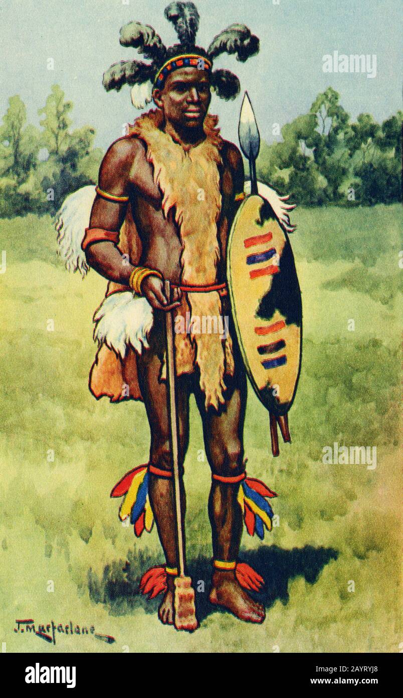 illustration of a zulu chief, from a set of school posters used for social studies, c 1930 Stock Photo