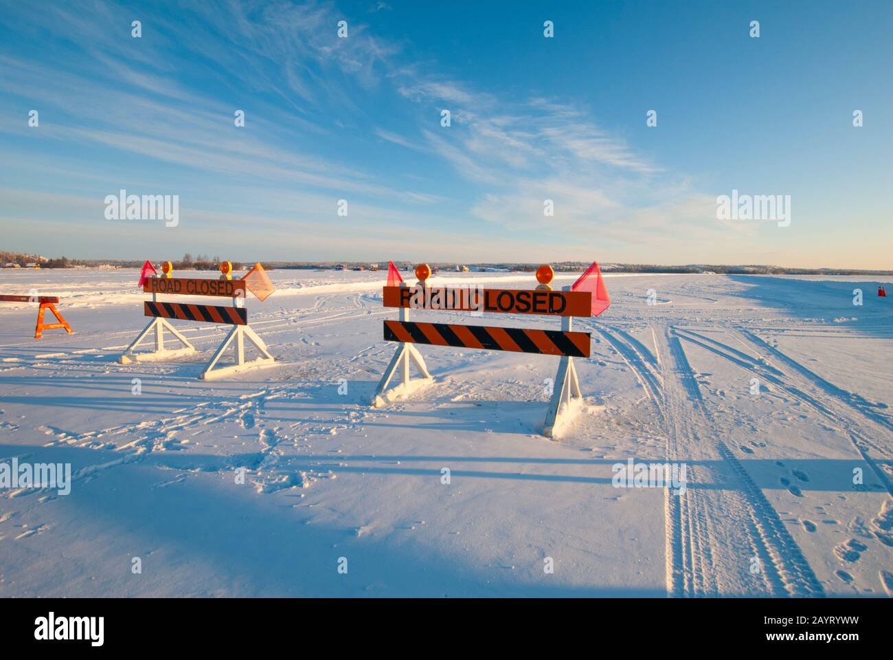The Yellowknife end of the Detah ice road Stock Photo Alamy